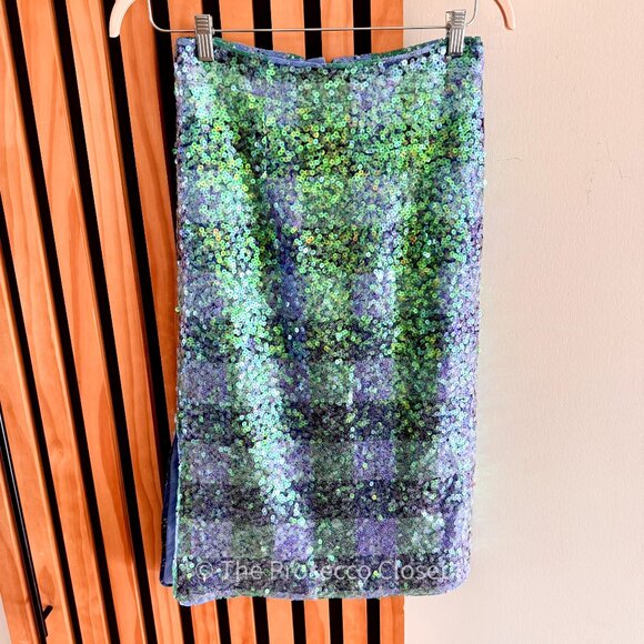 Anthropologie Maeve iridescent Sequin Blue & Green Buffalo Check Pencil Skirt - Picture 2 of 5